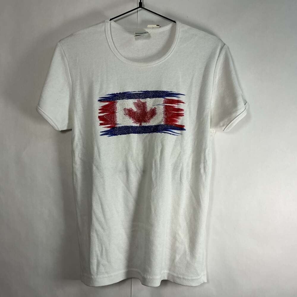 Cityscape Vintage White T-Shirt with Glitter Canadian Flag Graphic Print Size L